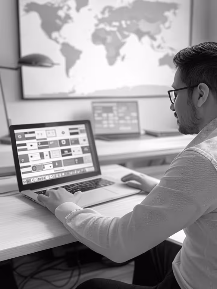 Online course creator working at laptop with multiple language flags on screen, global map in backgr