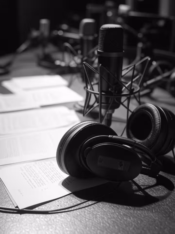 Close-up of professional microphone with translation headphones and subtitle script papers on studio