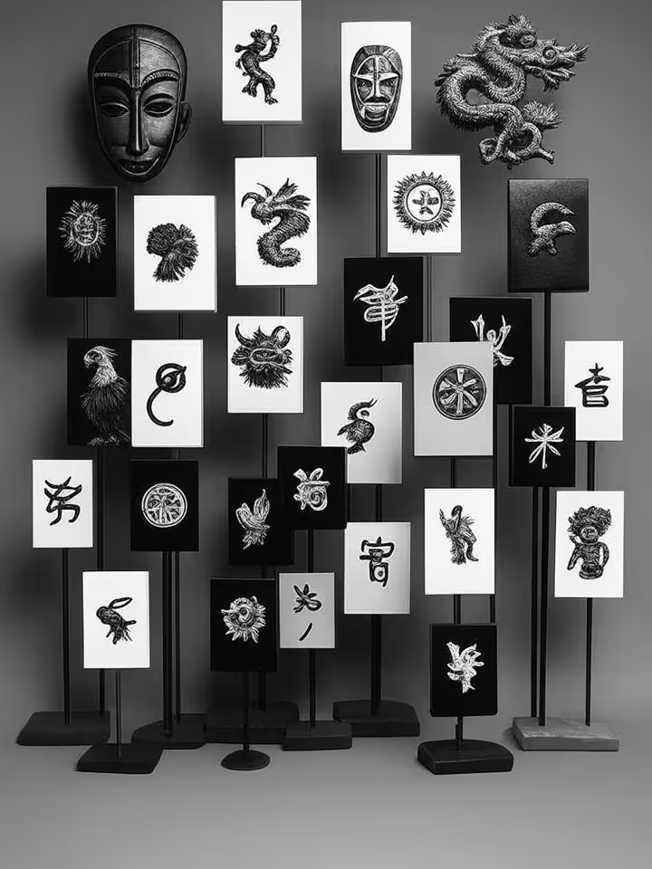 abstract composition showing color swatches overlaid with cultural symbols from different regions, g