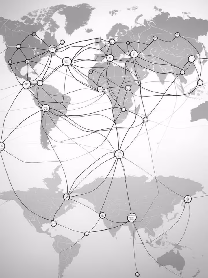 Server infrastructure diagram showing global CDN nodes connected across continents, technical networ