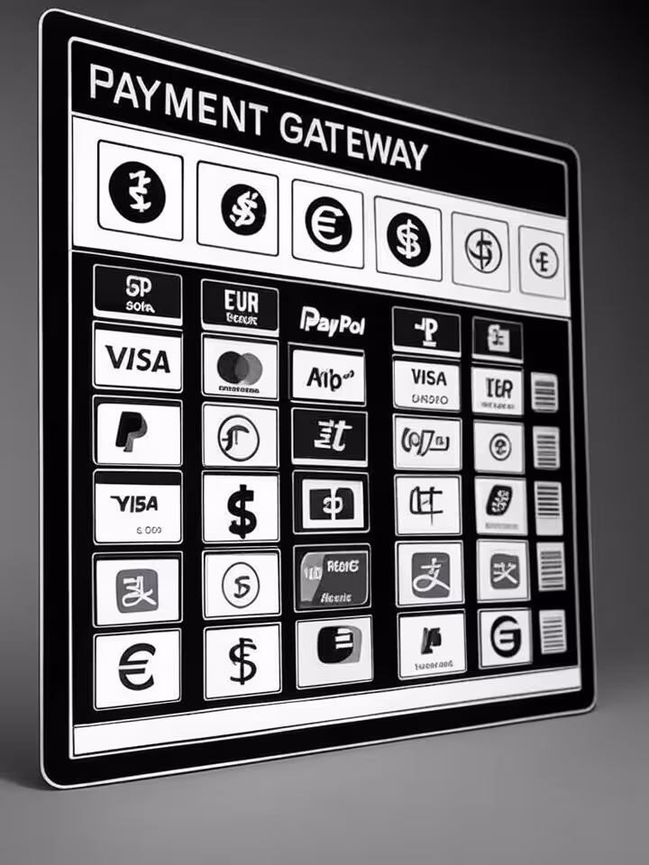 Payment gateway interface showing multiple currency symbols and regional payment methods icons, tech
