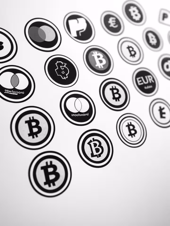 E-commerce checkout process visualization with multiple payment method icons and currency symbols, c