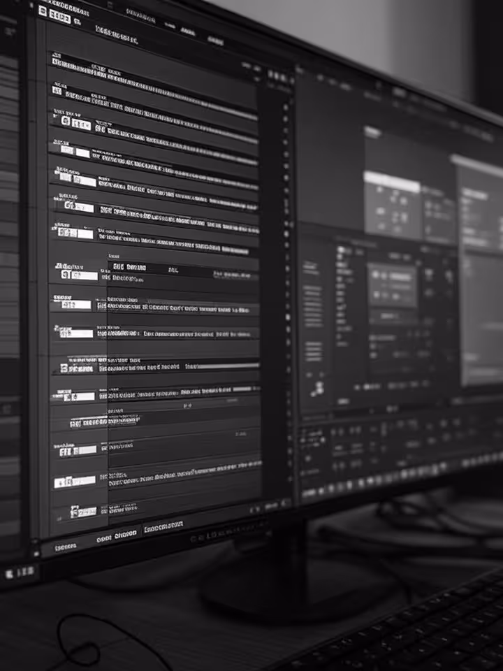Split-screen visualization showing video editor timeline with multiple language audio tracks and sub