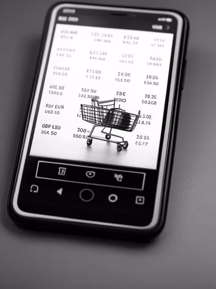 Mobile phone displaying shopping cart with pricing in different currency formats and decimal separat