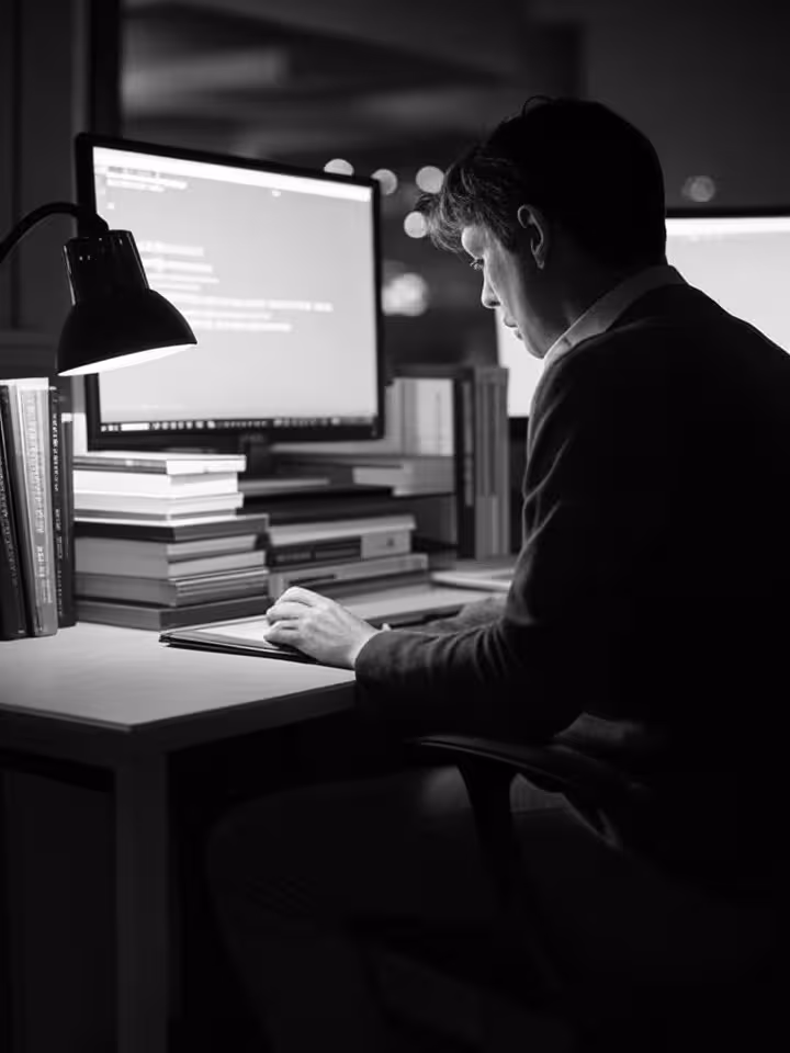 Professional translator or copywriter working at desk with dual monitors displaying source and targe