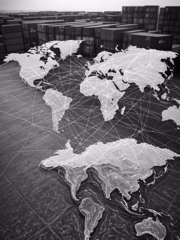 Supply chain logistics network map showing distribution centers across continents, warehouse and shi