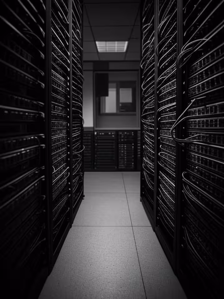 Enterprise database server room with organized cable management and distributed storage systems, tec