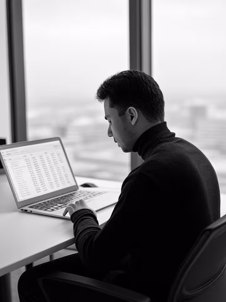 SaaS founder analyzing pricing strategy spreadsheets and market data on laptop, modern minimalist of