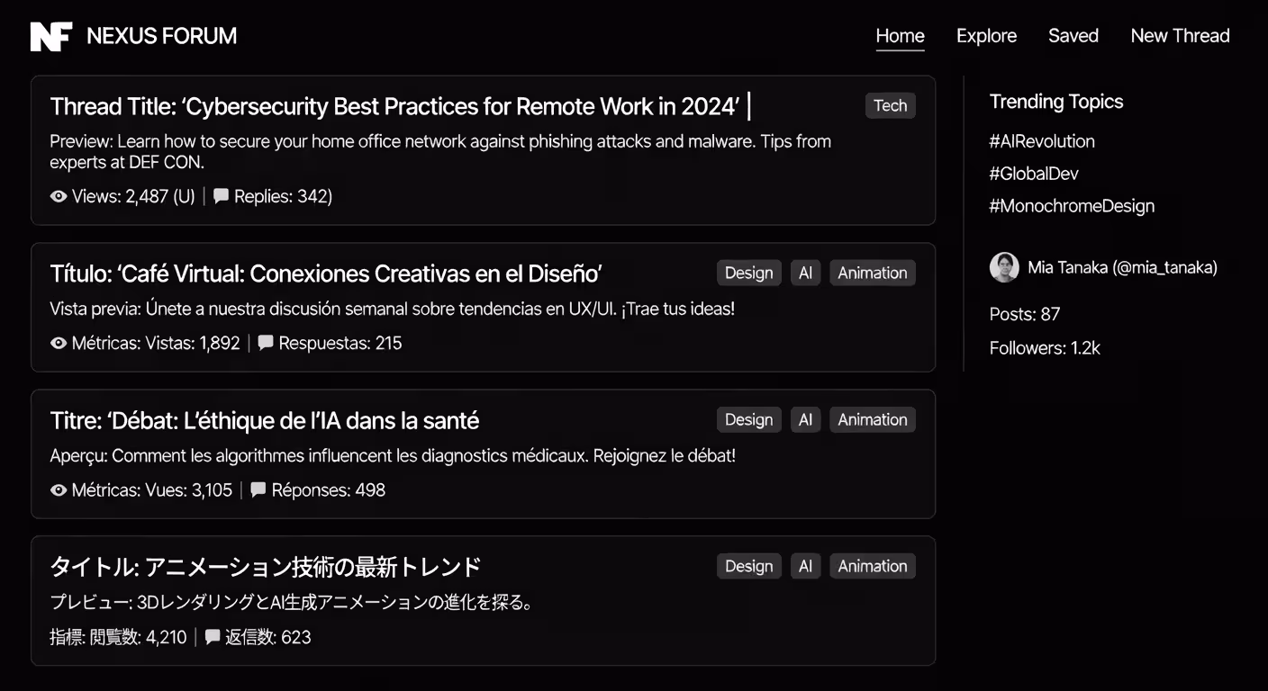 Online community forum interface with discussion threads in multiple languages, active engagement me