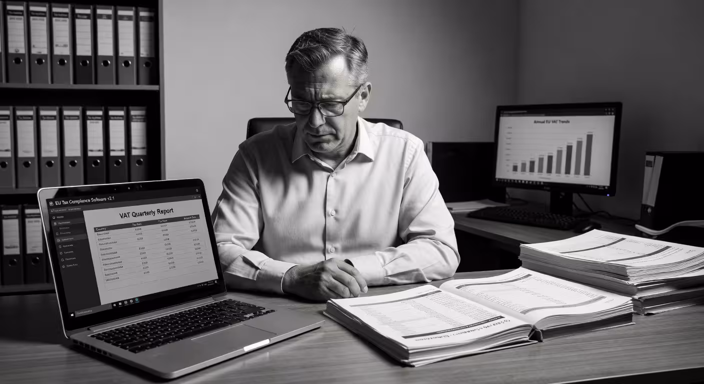 Accountant working with EU tax compliance software on laptop, spreadsheets with quarterly VAT data v