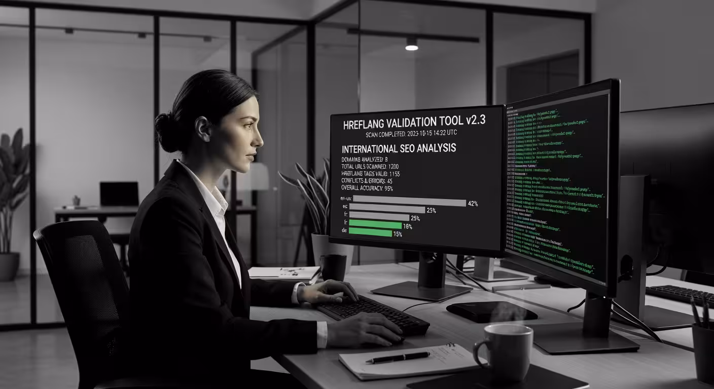 Professional SEO analyst reviewing hreflang validation tool results on multiple monitors, modern off