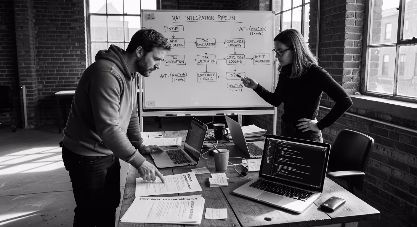 SaaS company founders analyzing payment integration API documentation, technical setup for VAT compl