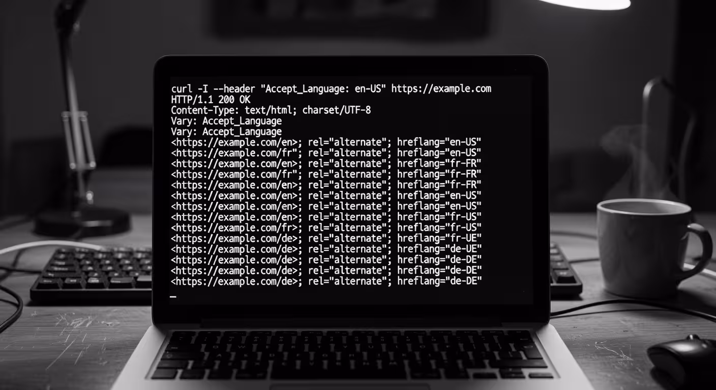 Command line terminal window displaying curl command checking HTTP headers for hreflang implementati