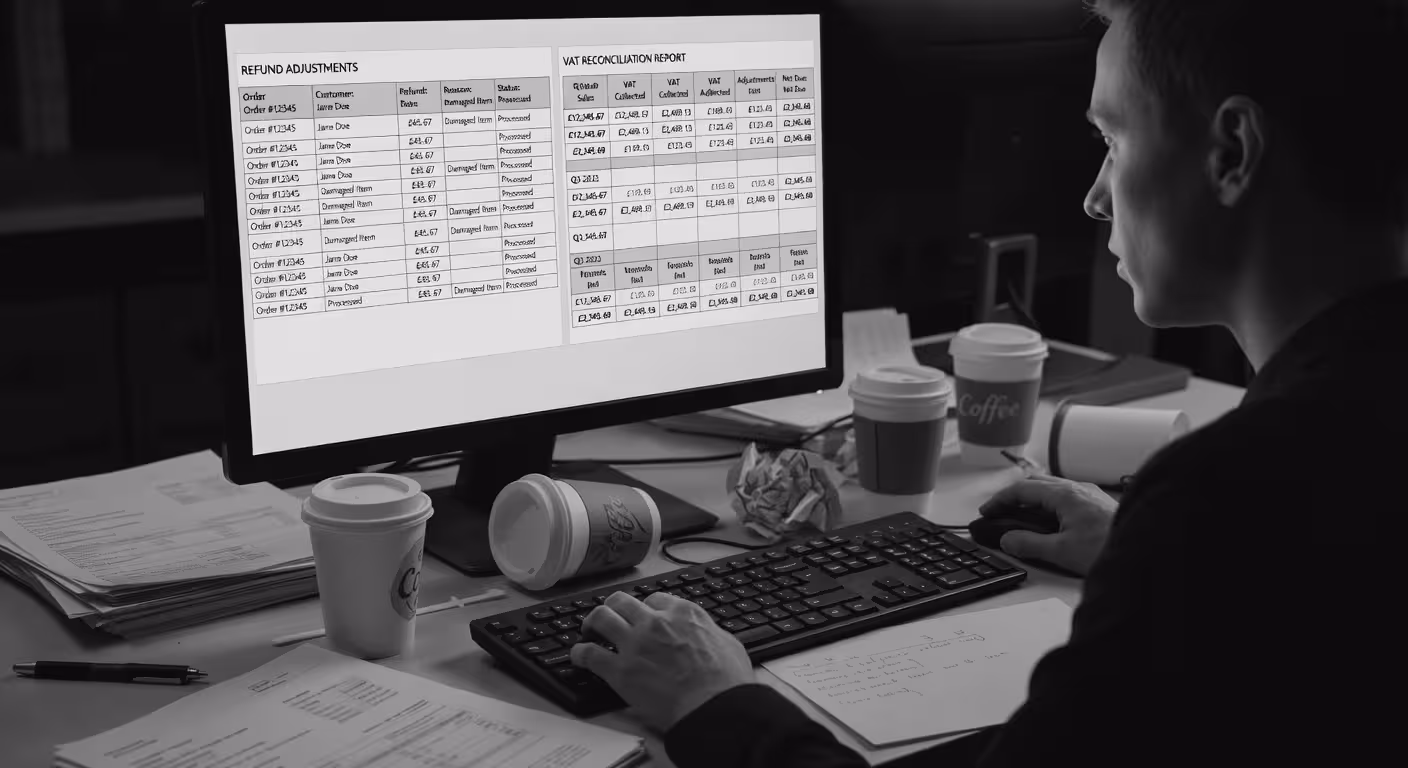 E-commerce seller reviewing refund adjustments and VAT reconciliation reports, computer screen with