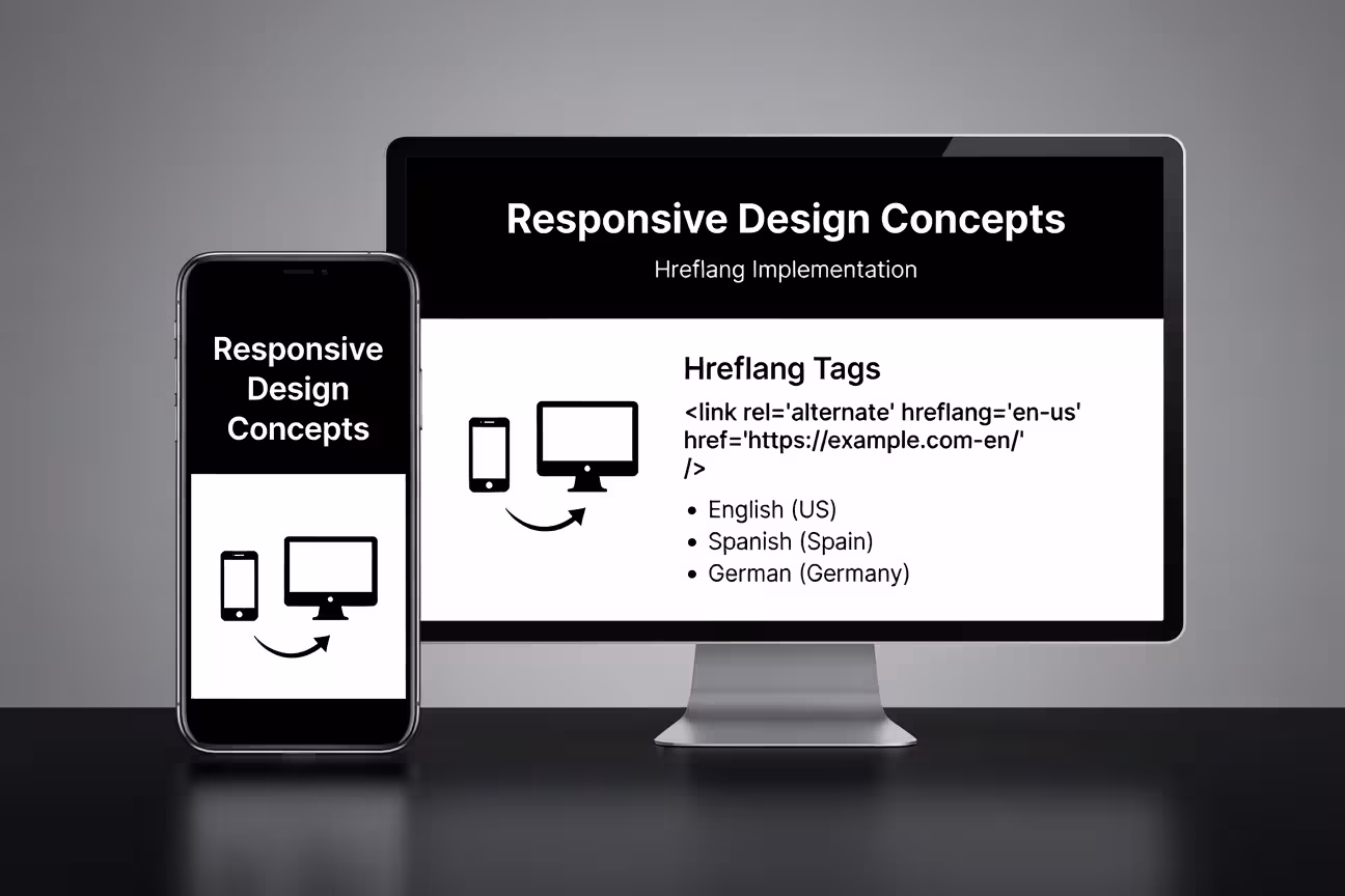 Mobile and desktop devices side by side showing same webpage with different hreflang implementations